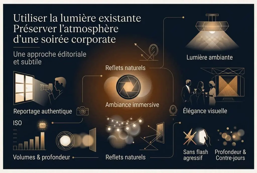Illustration éditoriale sur l’utilisation d’objectifs lumineux en photographie de soirée d’entreprise pour obtenir un rendu naturel avec faible profondeur de champ et lumière ambiante préservée