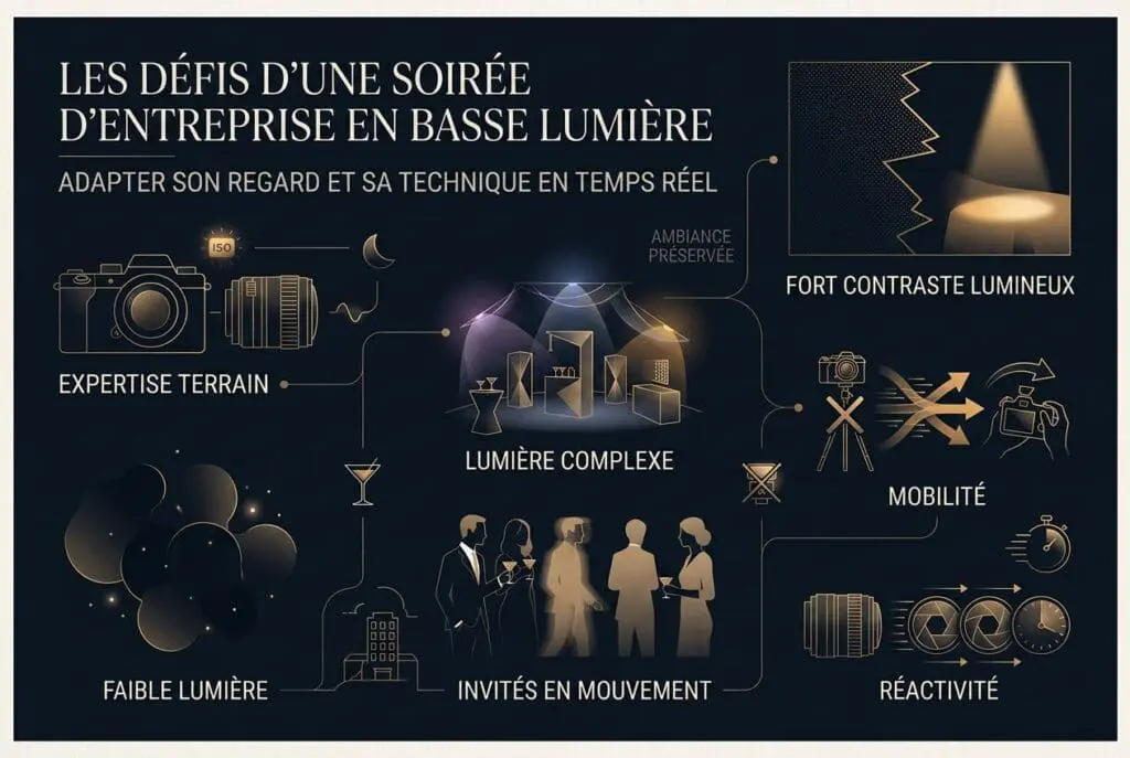 Illustration graphique présentant les contraintes techniques d’un reportage photo corporate dans un lieu sombre avec mouvement, faible lumière et ambiance événementielle complexe