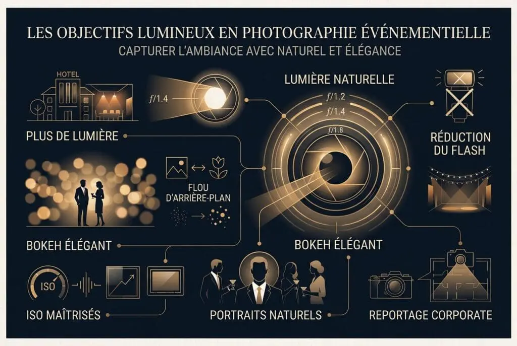 Infographie sur la gestion de la vitesse d’obturation pour conserver les lumières d’ambiance et la profondeur dans un reportage photo d’entreprise