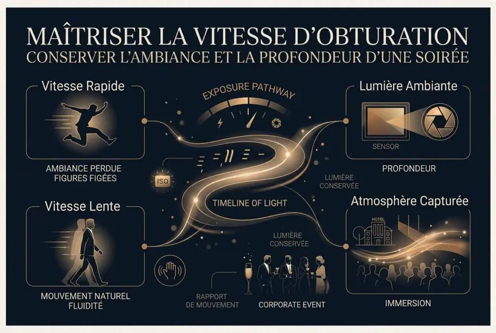 Infographie sur la gestion de la vitesse d’obturation pour conserver les lumières d’ambiance et la profondeur dans un reportage photo d’entreprise