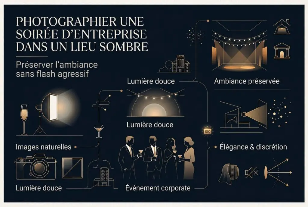 Illustration éditoriale sur la photographie de soirée d’entreprise en basse lumière avec photographe événementiel corporate réalisant un reportage haut de gamme sans flash agressif dans un lieu premium à Paris