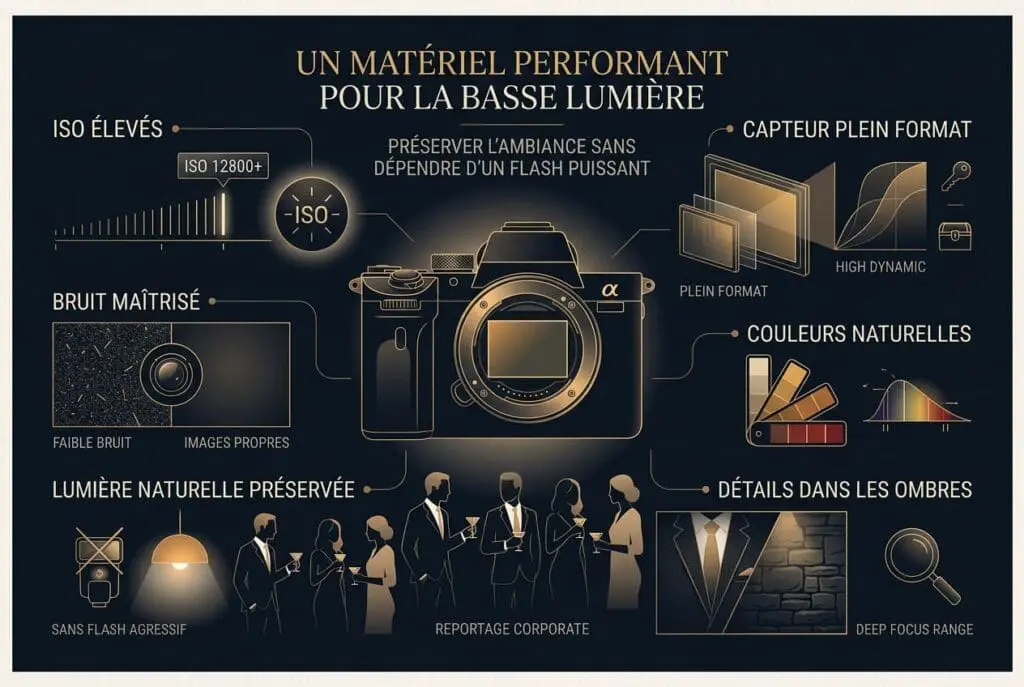Infographie sur les appareils photo hybrides plein format utilisés par les photographes événementiels corporate pour travailler en basse lumière sans flash puissant