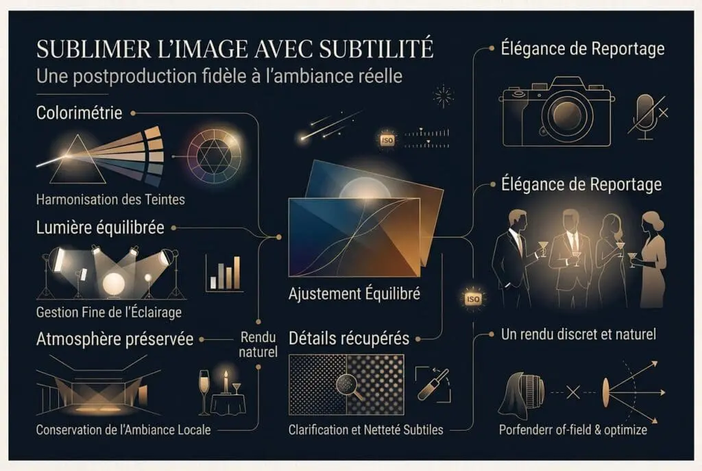 Illustration graphique sur l’utilisation d’un flash indirect discret pour préserver l’ambiance naturelle d’une soirée corporate haut de gamme