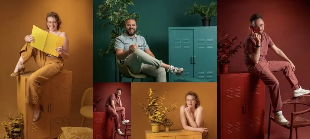 Assemblage de portraits corporate réalisés dans les locaux de l’entreprise Opus avec une direction artistique basée sur des camaïeux de couleurs