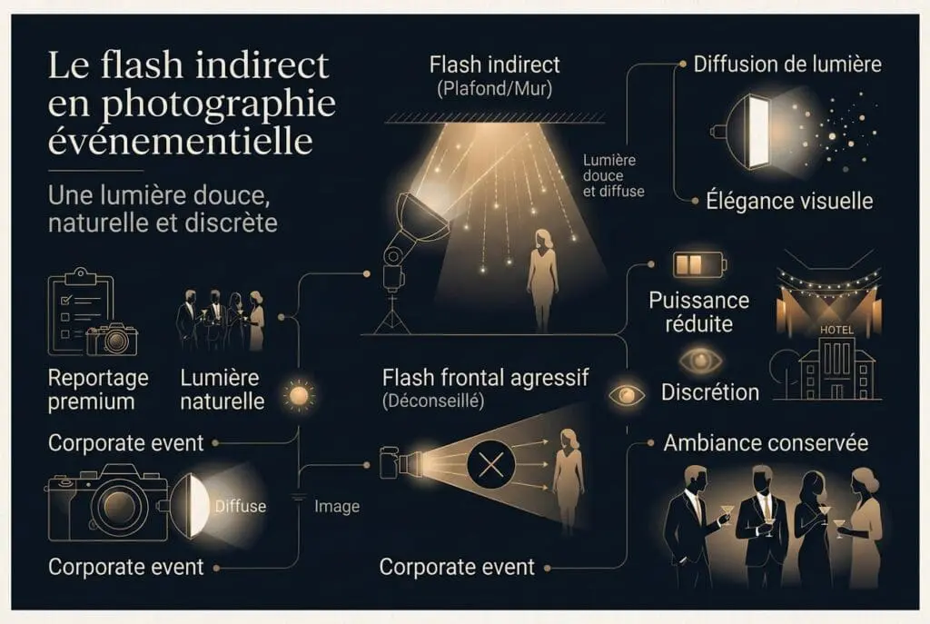 Infographie récapitulative sur les techniques de photographie événementielle corporate en basse lumière avec approche naturelle, élégante et immersive