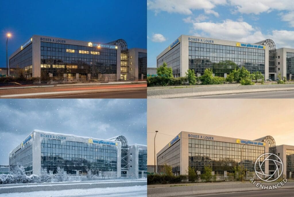 image d'un bâtiment décliné sous plusieurs saison avec une manipulation IA