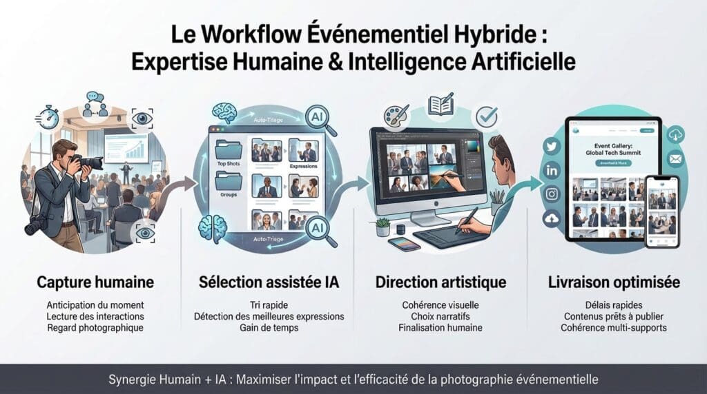 infographie sur la synergie humaine + IA dans le workflow de la photo événementielle