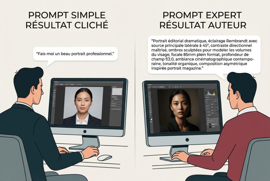 illustration d'un résultat de prompt pauvre vs prompt enrichi pour la génération de portrait corporate professionnel
