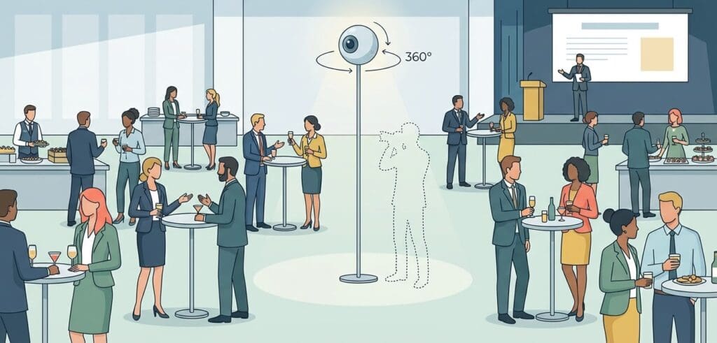 vue projetée d'une possible évolution de la photo événementielle à travers une illustration d'un événement capté par une caméra IA fixée sur un axe au milieu de la pièce