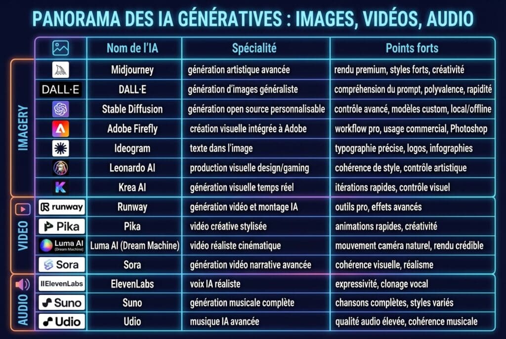 tableaux comparatifs des IA génératives avec logo, nom, spécialité, et points forts