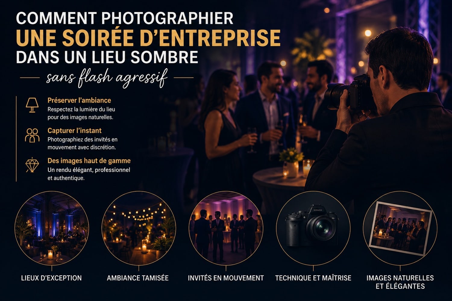 Illustration éditoriale sur la photographie de soirée d’entreprise en basse lumière avec photographe événementiel corporate réalisant un reportage haut de gamme sans flash agressif dans un lieu premium à Paris