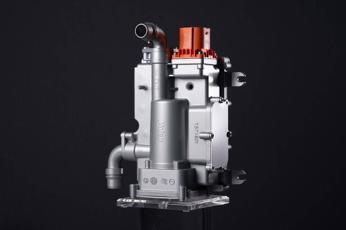 Pompe hydraulique conçue par l'équipementier automobile Valeo photographiée sur fond neutre